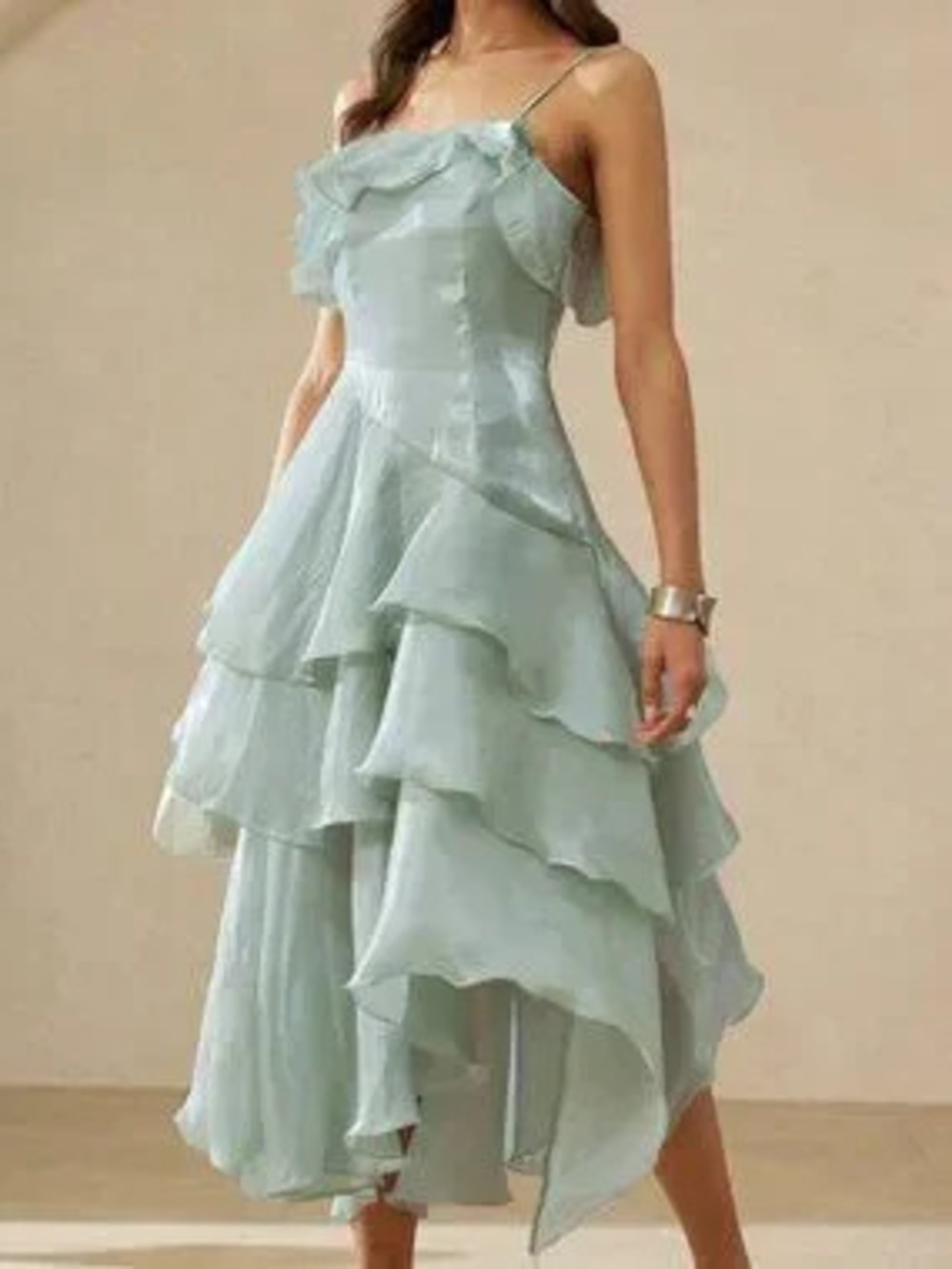Blue Elegant Women's Romantic Asymmetrical Ruffle Camisole Dress